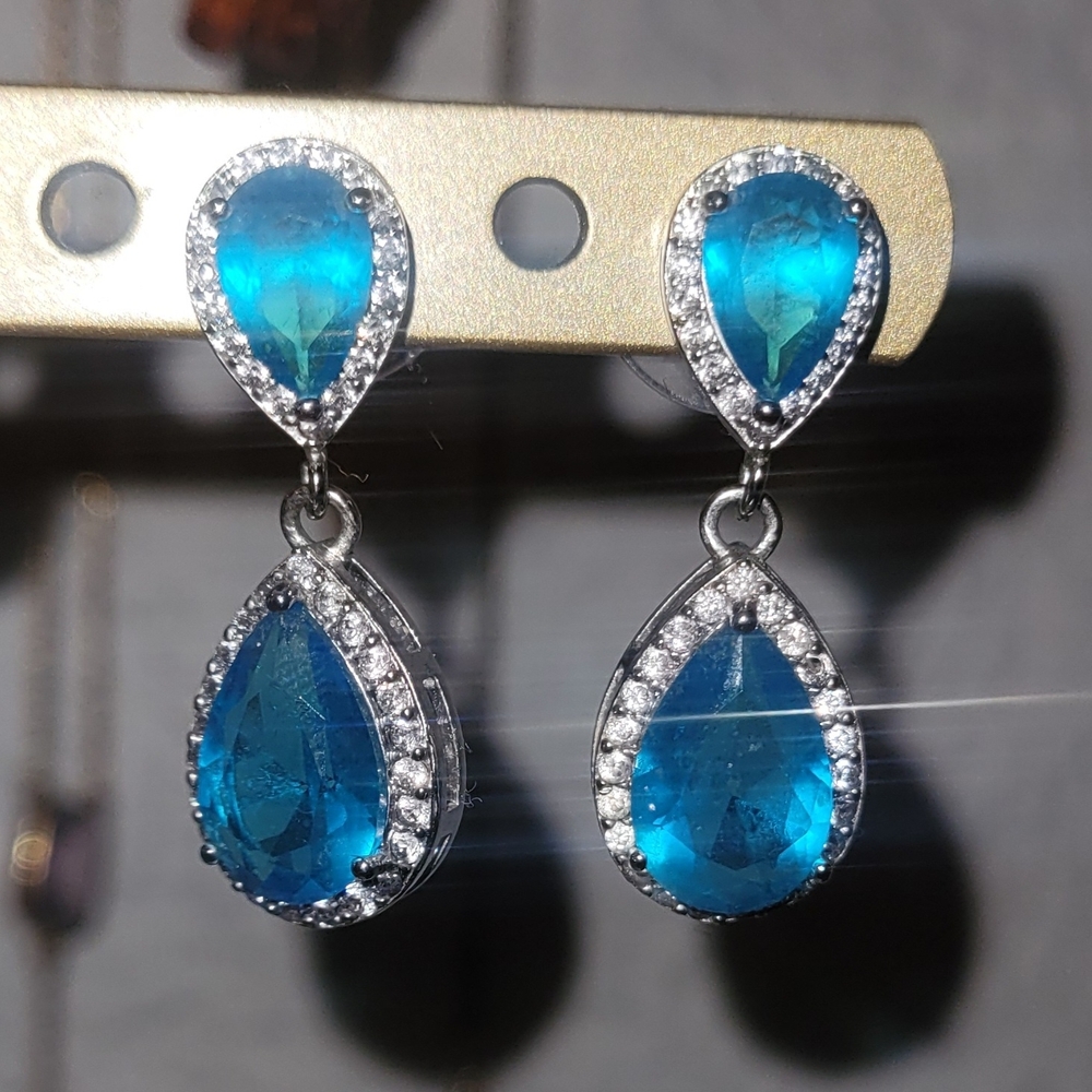 David's Bridal Blue and Silver Drop Earrings - Picture 5 of 5
